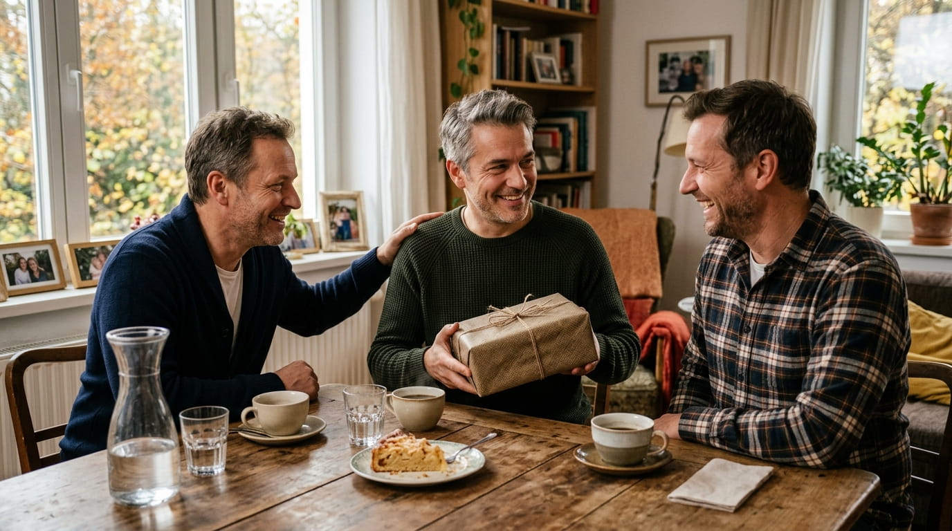 Drei Freunde feiern gemeinsam Geburtstag mit Geschenk und Kaffee im Wohnzimmer – KI generiertes Motiv