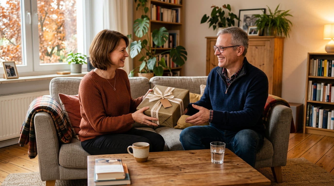 Frau überreicht Ehemann Geschenk zum Geburtstag im Wohnzimmer - KI generiertes Motiv