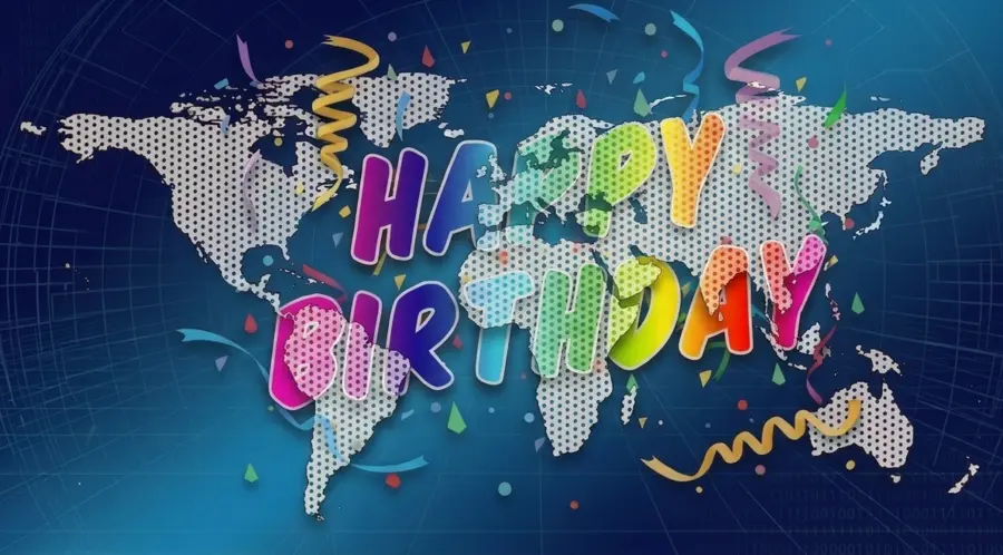Weltkarte mit Happy Birthday - Mit KI erstellt aus zwei Einzelbildern.
