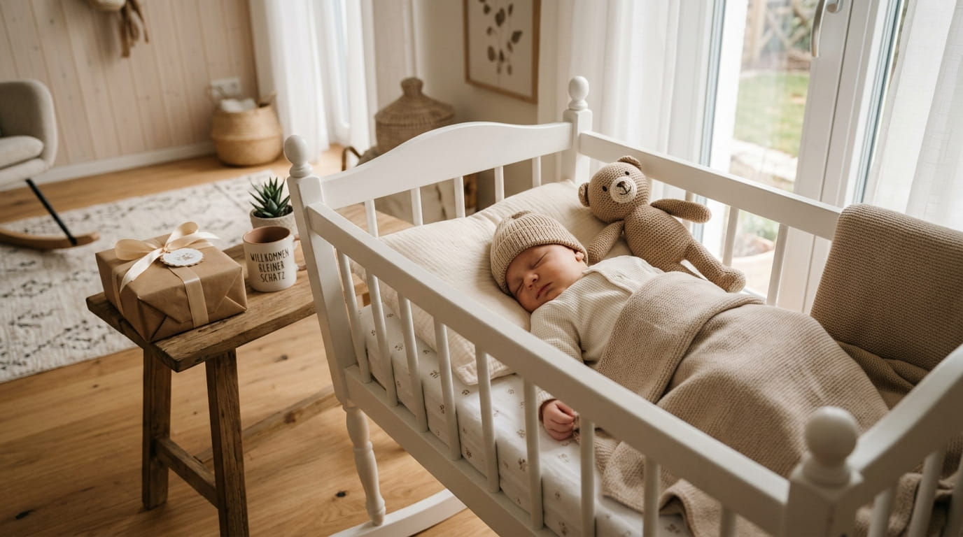 Symbolbild: Schlafendes Baby in einer Wiege mit einem Geschenk daneben – KI-generiert, keine reale Person dargestellt.