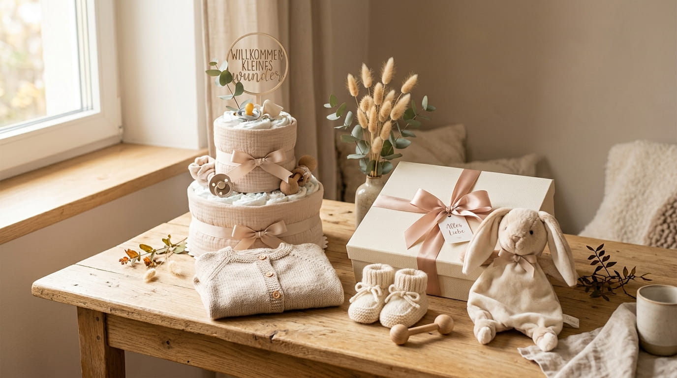 Symbolbild: Klassisches Baby-Geschenk-Arrangement mit Windeltorte und Kuscheltier – KI-generiert, keine reale Marke dargestellt.